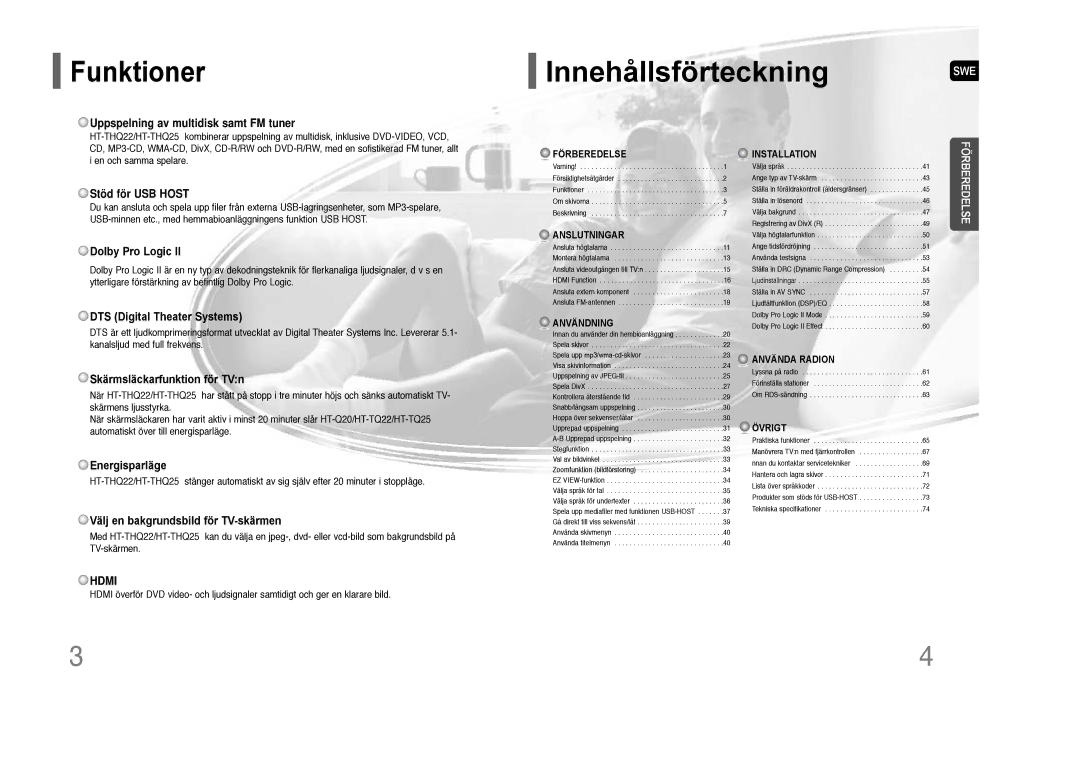 Samsung HT-THQ25R/ELS, HT-THQ22R/ELS manual Innehållsförteckning SWE, Funktioner 