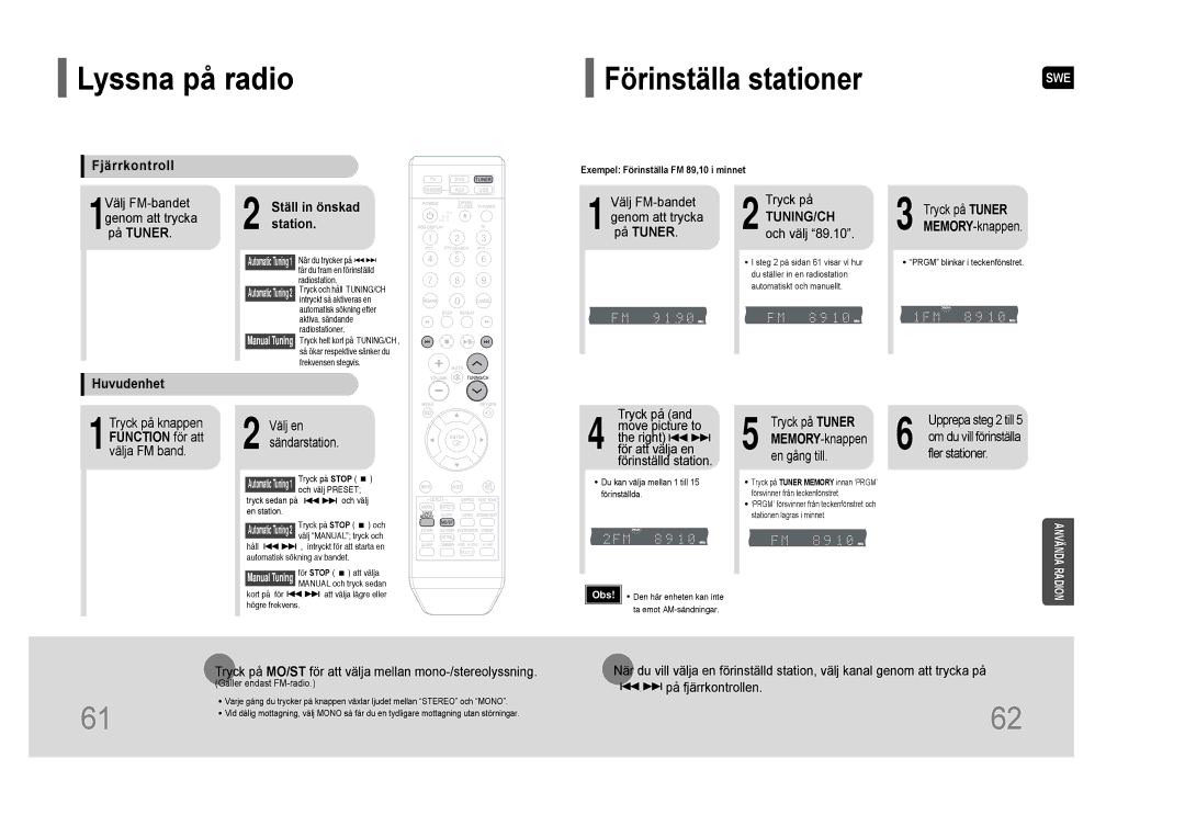 Samsung HT-THQ22R/ELS manual Lyssna på radio, Fjärrkontroll, Ställ in önskad station, TUNING/CH och välj, Huvudenhet 