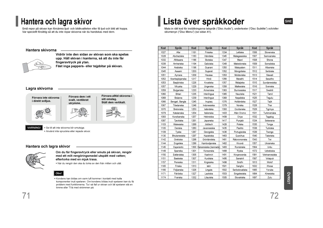 Samsung HT-THQ25R/ELS, HT-THQ22R/ELS manual Lista över språkkoder 