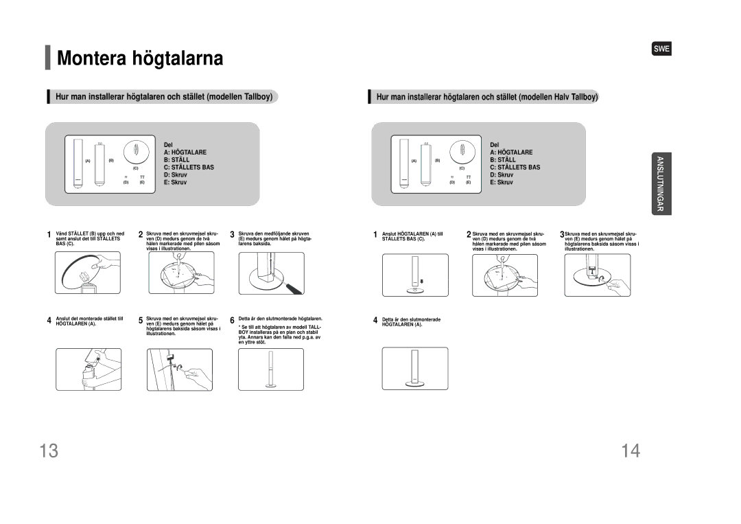 Samsung HT-THQ22R/ELS, HT-THQ25R/ELS manual Montera högtalarna 