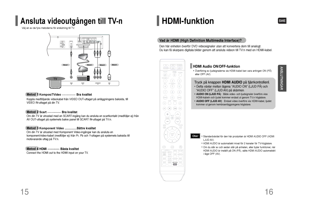 Samsung HT-THQ25R/ELS manual Vad är Hdmi High Definition Multimedia Interface?, Hdmi Audio ON/OFF-funktion, Bättre kvalitet 