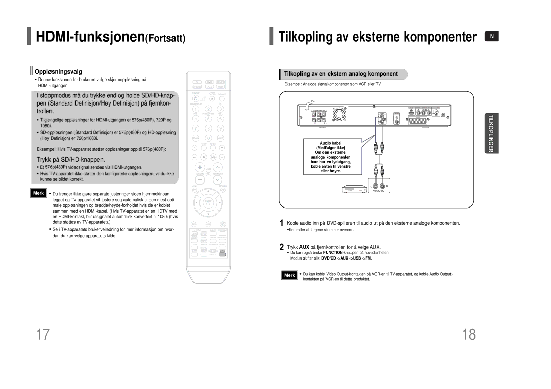 Samsung HT-THQ22R/ELS, HT-THQ25R/ELS HDMI-funksjonenFortsatt, Oppløsningsvalg, Tilkopling av en ekstern analog komponent 