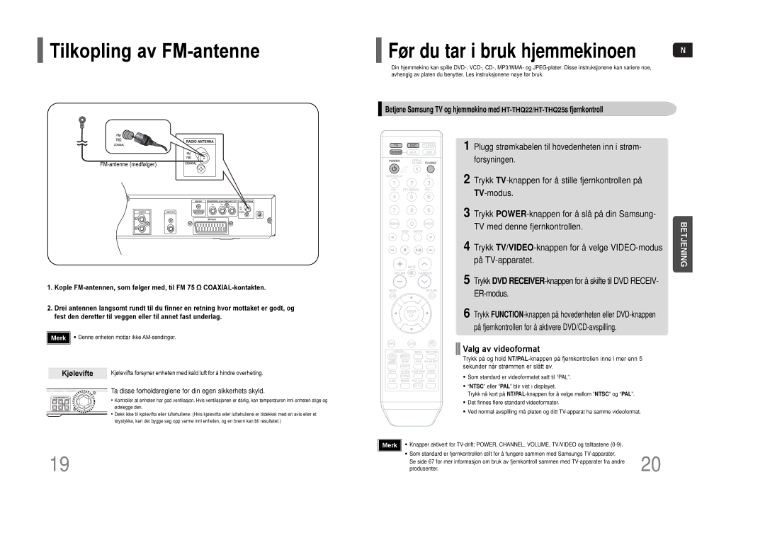 Samsung HT-THQ25R/ELS, HT-THQ22R/ELS manual Tilkopling av FM-antenne, Valg av videoformat, Kjølevifte 