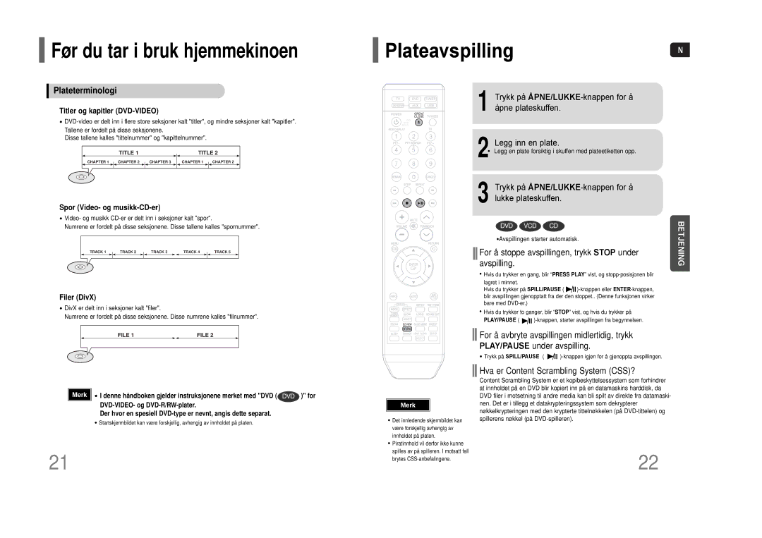 Samsung HT-THQ22R/ELS manual Plateavspilling, Plateterminologi, Trykk på ÅPNE/LUKKE-knappen for å lukke plateskuffen 