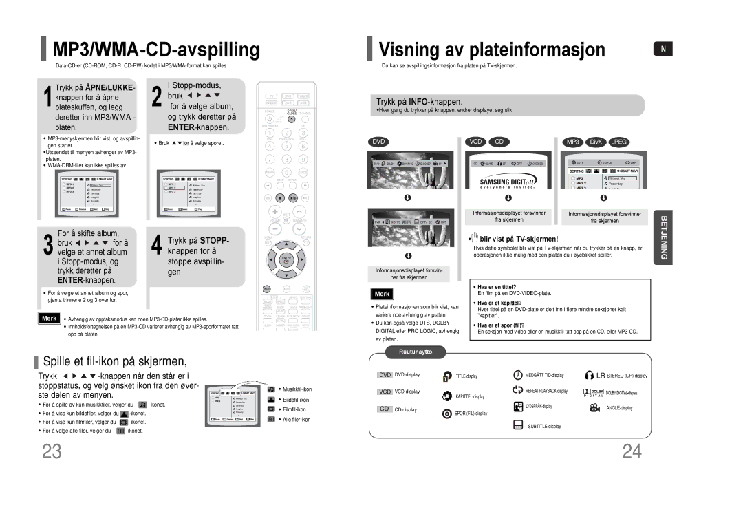 Samsung HT-THQ25R/ELS MP3/WMA-CD-avspilling, Trykk på INFO-knappen, Trykk på STOPP- knappen for å stoppe avspillin- gen 