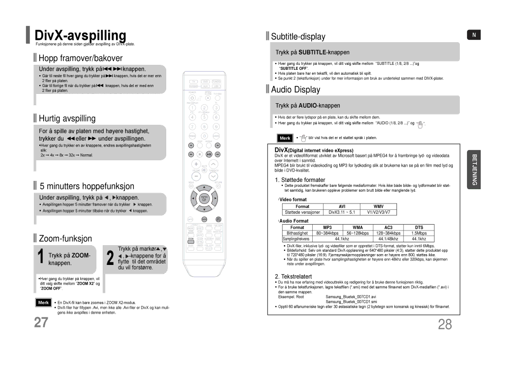 Samsung HT-THQ25R/ELS, HT-THQ22R/ELS manual DivX-avspilling 