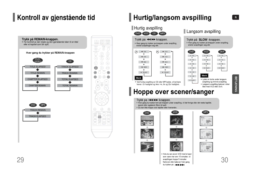 Samsung HT-THQ22R/ELS manual Hurtig/langsom avspilling, Hoppe over scener/sanger, Trykk på REMAIN-knappen, Trykk pa knappen 