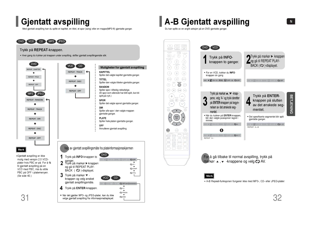 Samsung HT-THQ25R/ELS, HT-THQ22R/ELS manual Gjentatt avspilling 