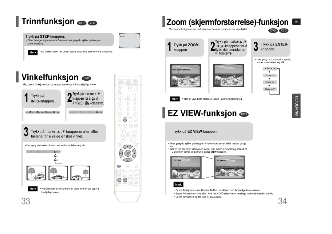 Samsung HT-THQ22R/ELS Trinnfunksjon DVD VCD, Vinkelfunksjon DVD, EZ VIEW-funksjon DVD, Zoom skjermforstørrelse-funksjon N 