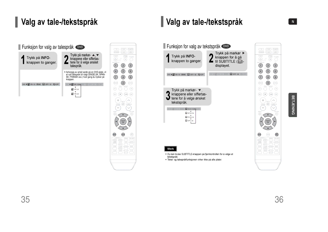 Samsung HT-THQ25R/ELS manual Funksjon for valg av tekstspråk DVD, Trykk på markør 2 knappen for å gå Til Subtitle displayet 