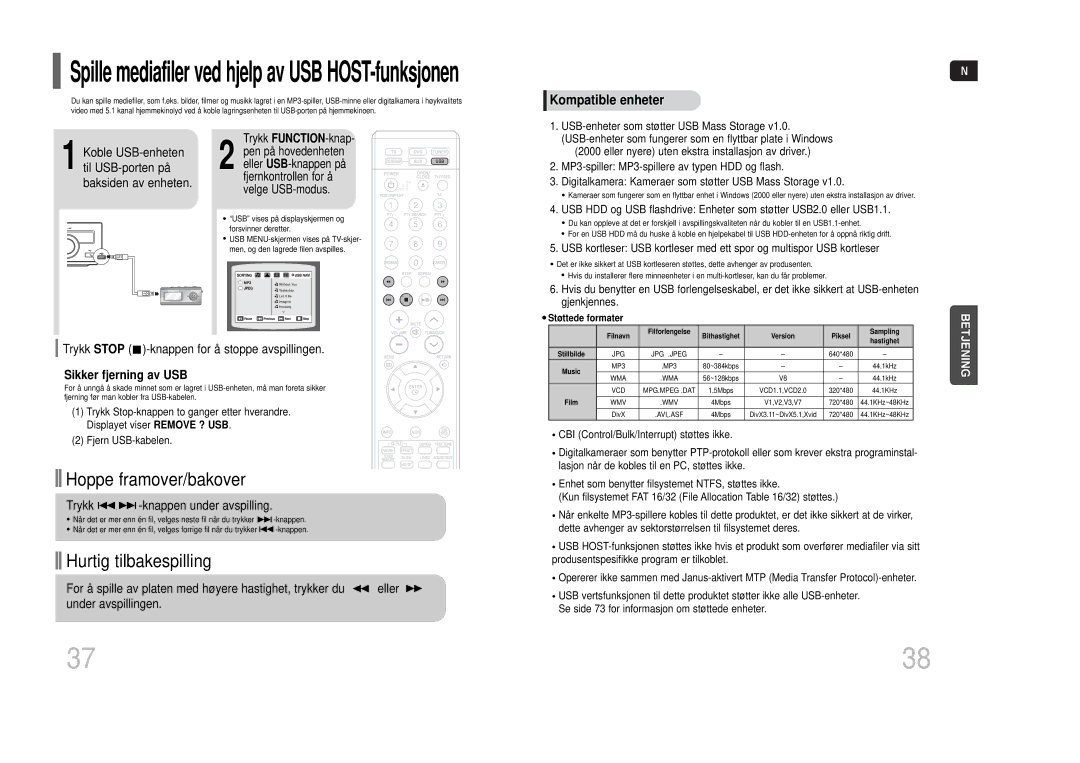 Samsung HT-THQ22R/ELS, HT-THQ25R/ELS manual Spille mediafiler ved hjelp av USB HOST-funksjonen, Sikker fjerning av USB 