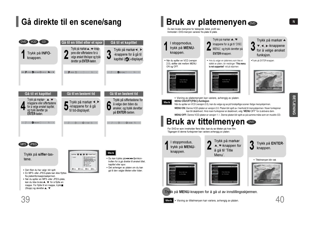 Samsung HT-THQ25R/ELS, HT-THQ22R/ELS manual Bruk av tittelmenyen DVD, Gå direkte til en scene/sang 