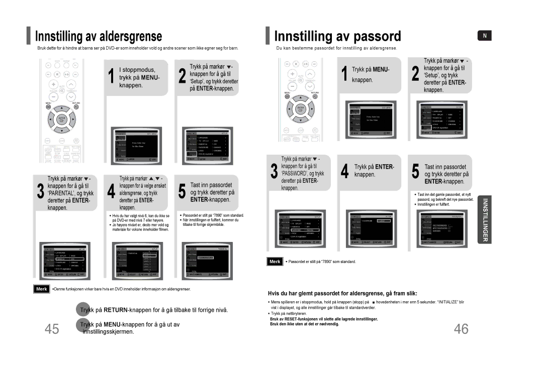 Samsung HT-THQ22R/ELS, HT-THQ25R/ELS Innstilling av passord, Hvis du har glemt passordet for aldersgrense, gå fram slik 