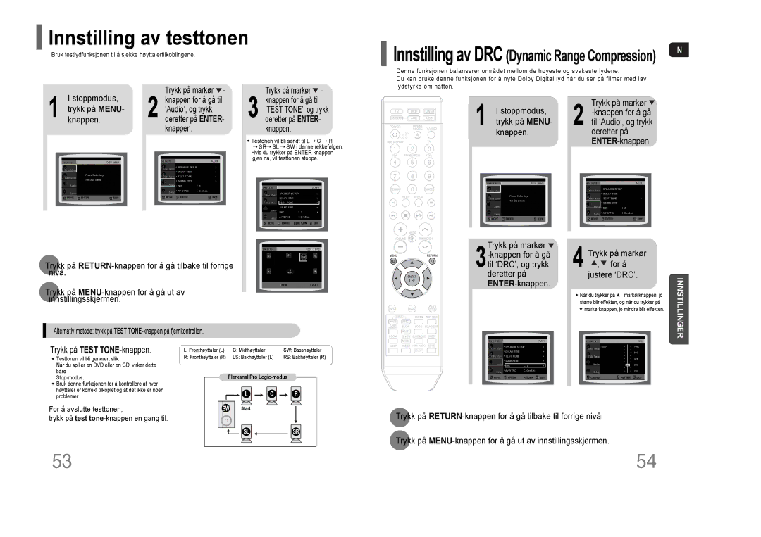 Samsung HT-THQ22R/ELS, HT-THQ25R/ELS manual Innstilling av testtonen, Stoppmodus, Trykk på Test TONE-knappen 