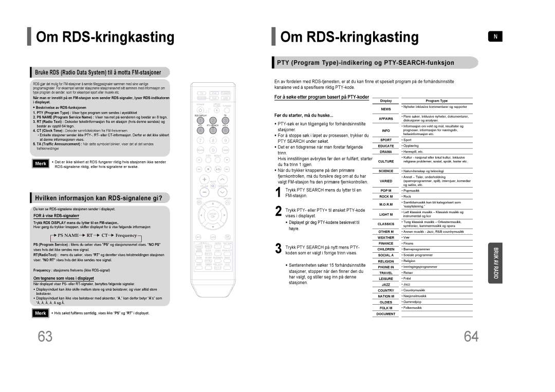 Samsung HT-THQ25R/ELS, HT-THQ22R/ELS manual Om RDS-kringkasting, PTY Program Type-indikering og PTY-SEARCH-funksjon 