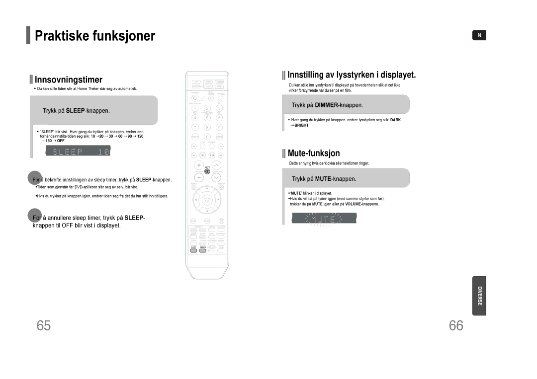 Samsung HT-THQ22R/ELS manual Praktiske funksjoner, Trykk på SLEEP-knappen, Trykk på DIMMER-knappen, Trykk på MUTE-knappen 