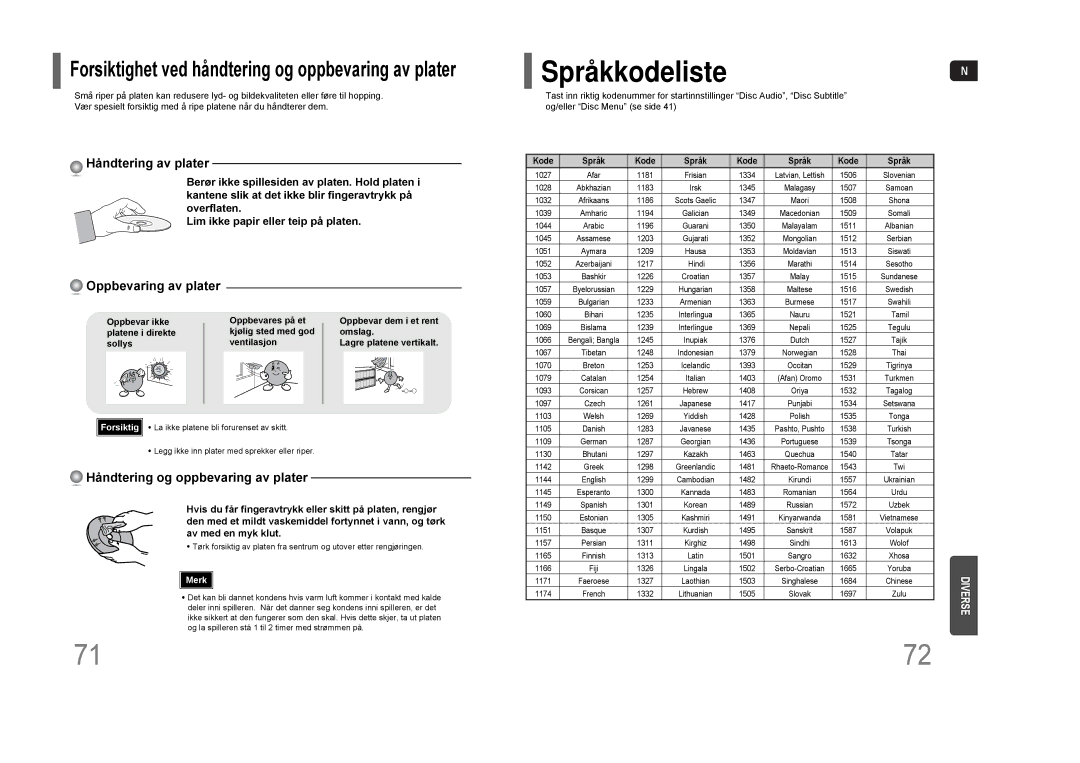 Samsung HT-THQ25R/ELS, HT-THQ22R/ELS manual Språkkodeliste, Forsiktighet ved håndtering og oppbevaring av plater 