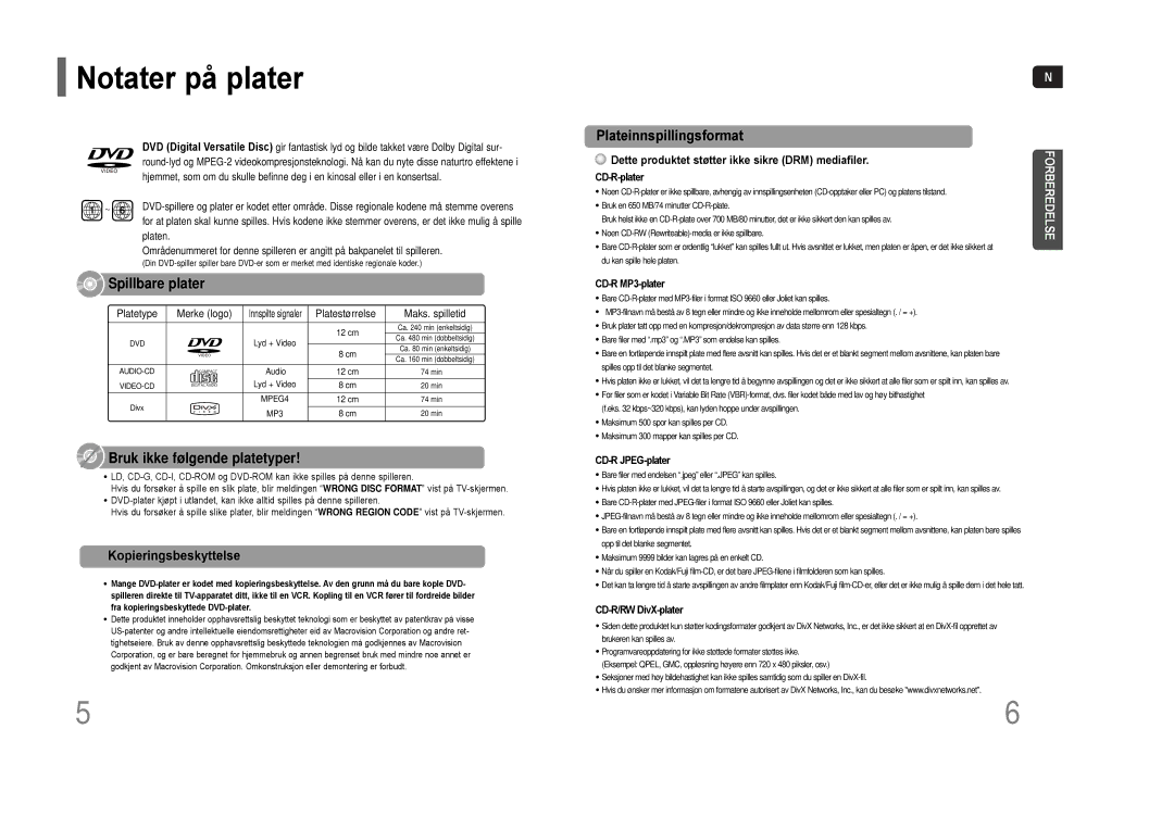 Samsung HT-THQ22R/ELS manual Notater på plater, Kopieringsbeskyttelse, Dette produktet støtter ikke sikre DRM mediafiler 