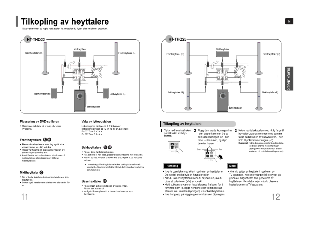 Samsung HT-THQ25R/ELS, HT-THQ22R/ELS manual Tilkopling av høyttalere 