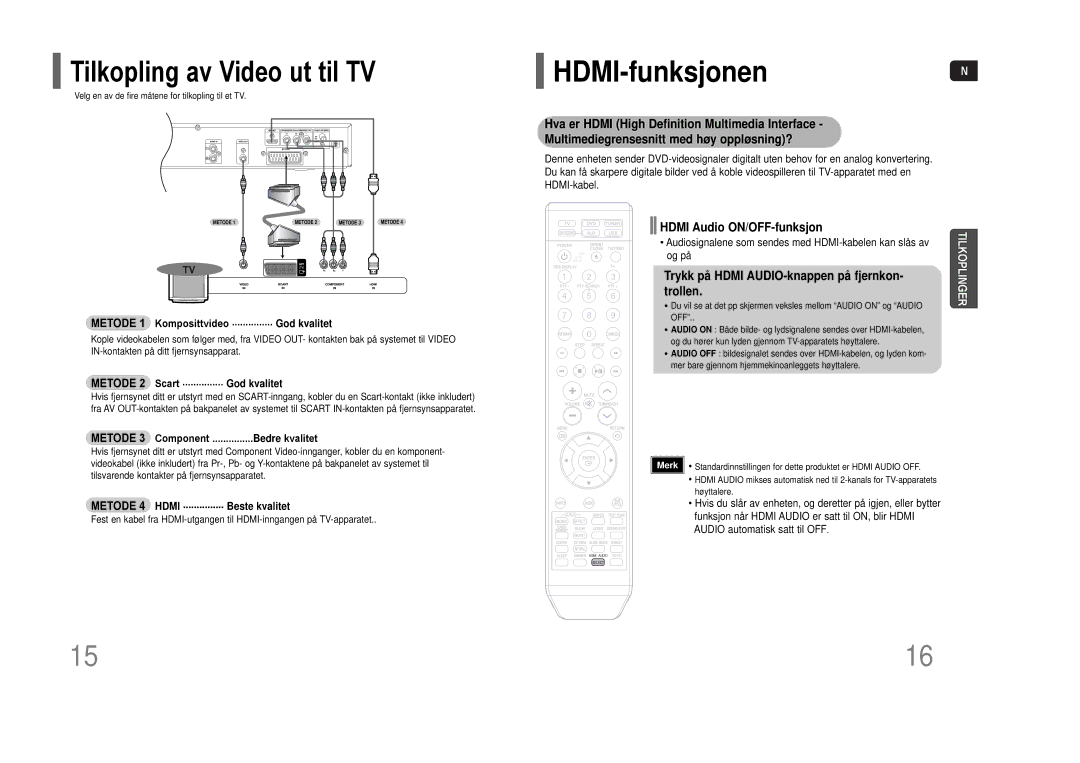 Samsung HT-THQ25R/ELS manual HDMI-funksjonenN, Hdmi Audio ON/OFF-funksjon, Trykk på Hdmi AUDIO-knappen på fjernkon Trollen 