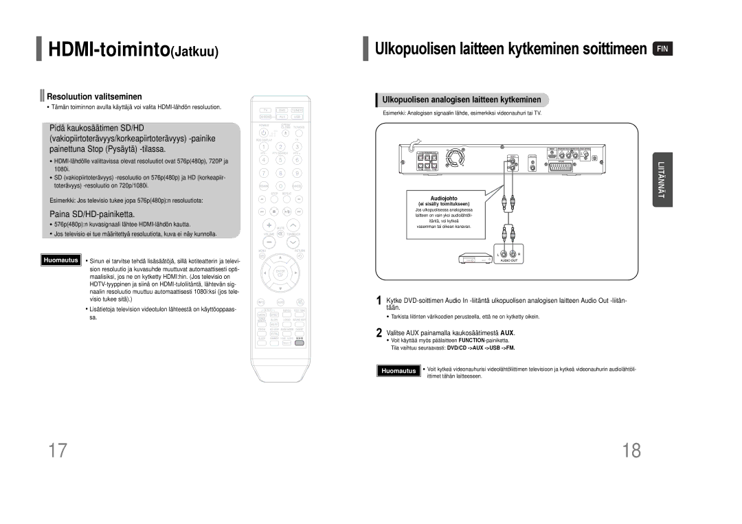 Samsung HT-THQ22R/ELS, HT-THQ25R/ELS manual HDMI-toimintoJatkuu, Resoluution valitseminen, Paina SD/HD-painiketta 