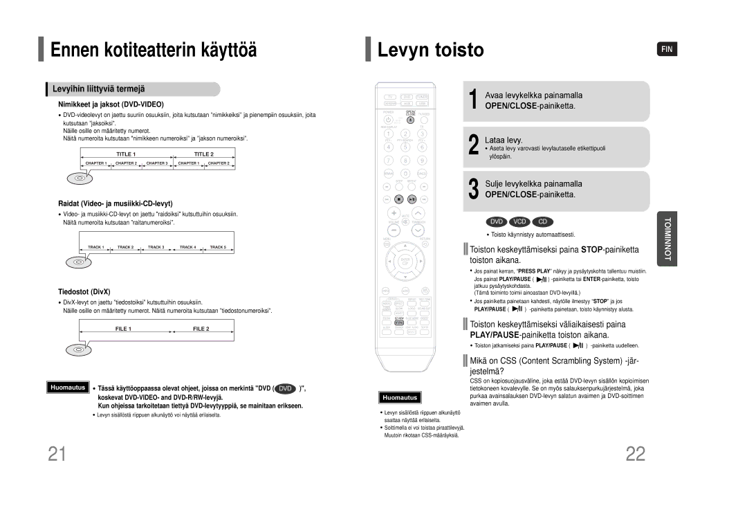 Samsung HT-THQ22R/ELS manual Levyn toisto, Levyihin liittyviä termejä, Sulje levykelkka painamalla OPEN/CLOSE-painiketta 