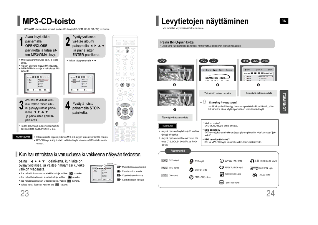 Samsung HT-THQ25R/ELS, HT-THQ22R/ELS manual MP3-CD-toisto 