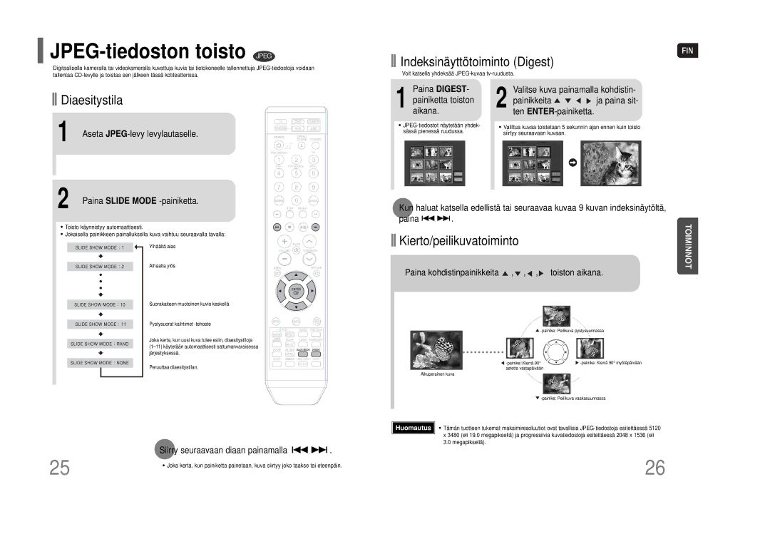 Samsung HT-THQ22R/ELS manual JPEG-tiedoston toisto Jpeg, Aseta JPEG-levy levylautaselle, Paina Slide Mode -painiketta 