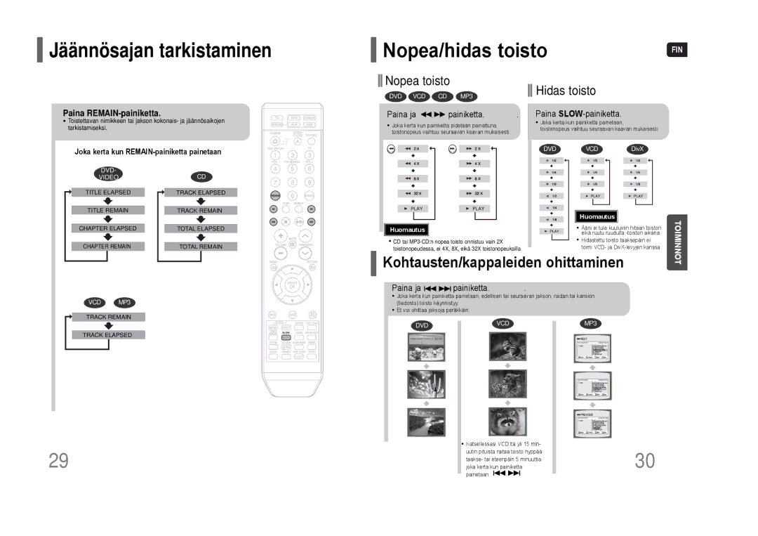 Samsung HT-THQ22R/ELS, HT-THQ25R/ELS Nopea/hidas toisto, Paina REMAIN-painiketta, SLOW-painiketta, Paina ja Painiketta 