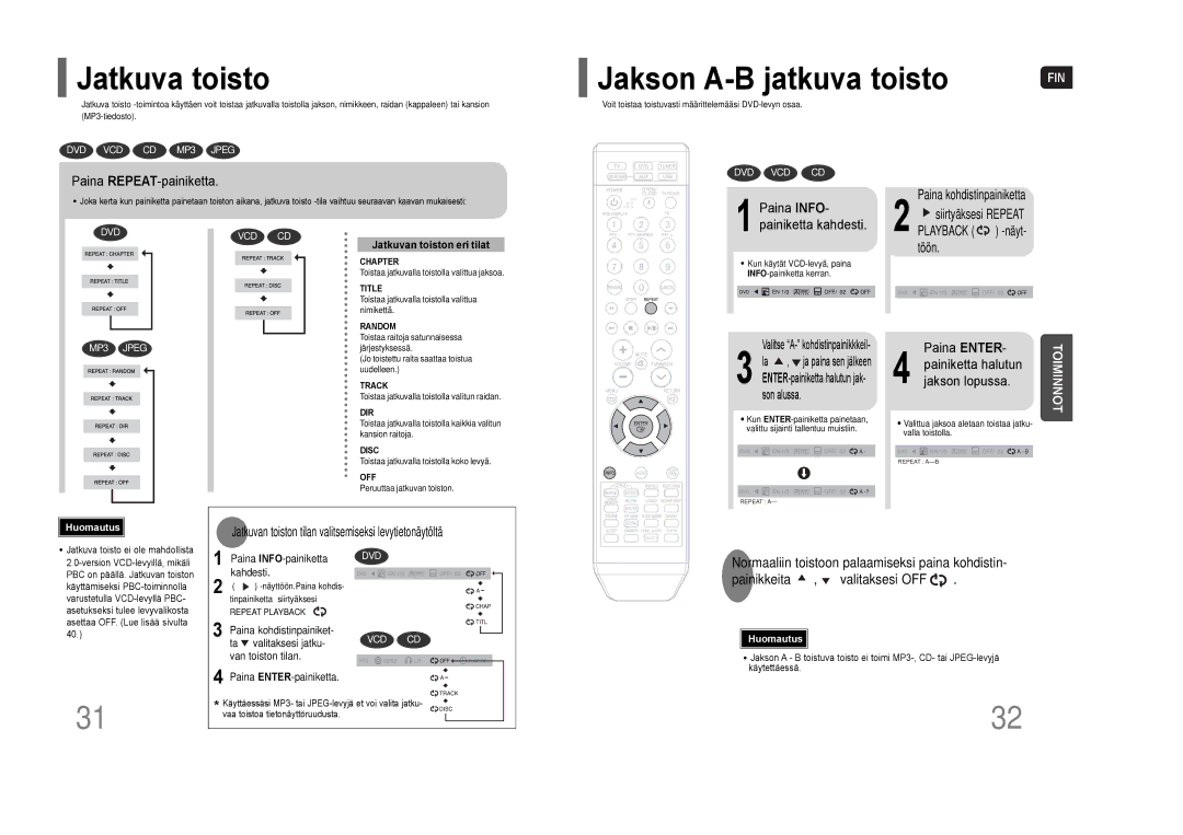 Samsung HT-THQ25R/ELS, HT-THQ22R/ELS manual Jatkuva toisto, Jakson A-B jatkuva toisto 