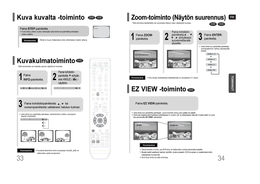 Samsung HT-THQ22R/ELS, HT-THQ25R/ELS manual Kuva kuvalta -toiminto DVD VCD, Kuvakulmatoiminto DVD, View -toiminto DVD 