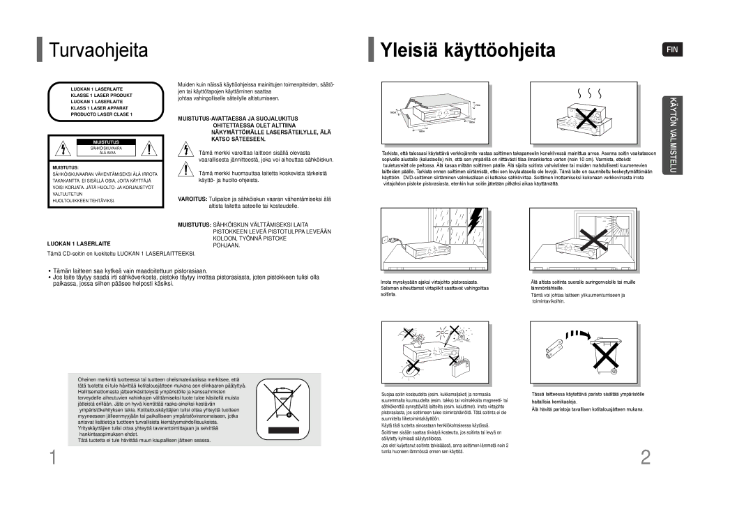 Samsung HT-THQ22R/ELS, HT-THQ25R/ELS manual Yleisiä käyttöohjeita 