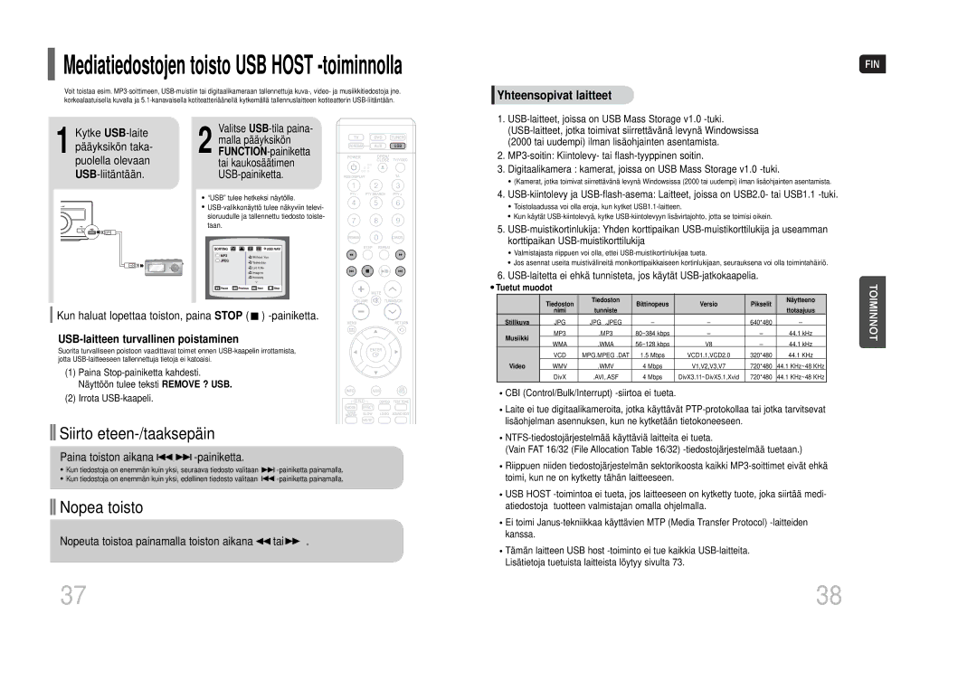 Samsung HT-THQ22R/ELS manual Kun haluat lopettaa toiston, paina Stop -painiketta, USB-laitteen turvallinen poistaminen 