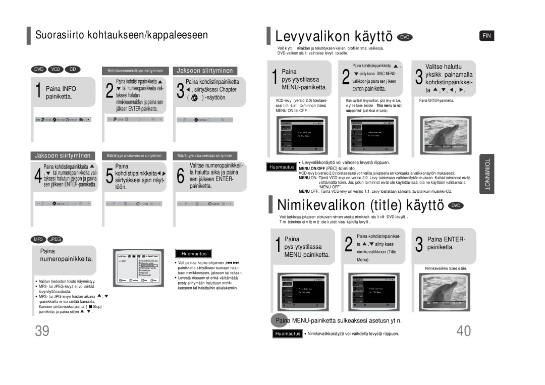 Samsung HT-THQ25R/ELS, HT-THQ22R/ELS manual Levyvalikon käyttö DVD, Nimikevalikon title käyttö DVD, Numeropainikkeita 