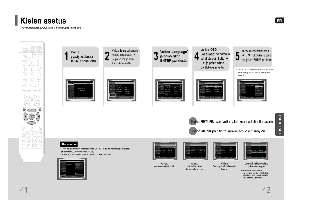 Samsung HT-THQ22R/ELS, HT-THQ25R/ELS manual Kielen asetus, Valitse ‘Language’ Ja paina sitten ENTER-painiketta 