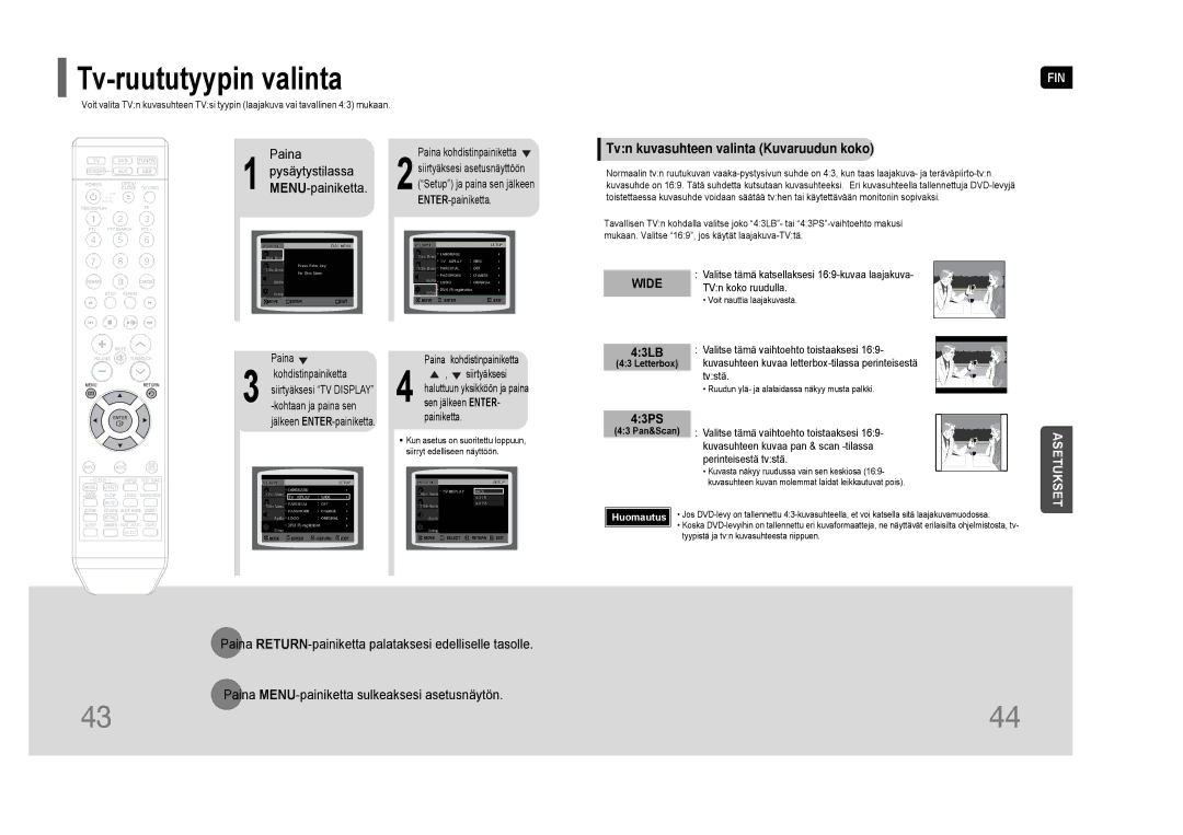 Samsung HT-THQ25R/ELS, HT-THQ22R/ELS manual Tv-ruututyypin valinta, Tvn kuvasuhteen valinta Kuvaruudun koko 