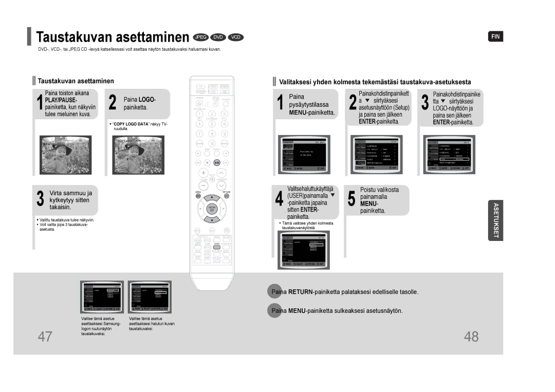 Samsung HT-THQ25R/ELS, HT-THQ22R/ELS manual Taustakuvan asettaminen Jpeg DVD VCD, Paina Pysäytystilassa MENU-painiketta 