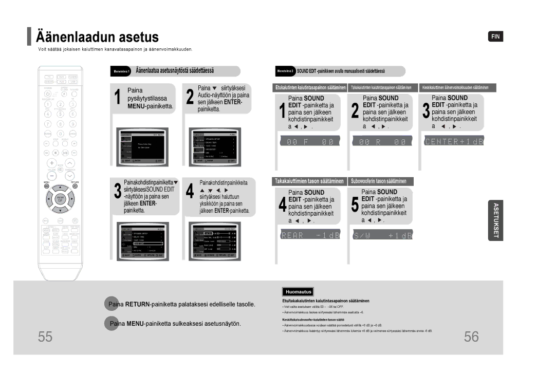 Samsung HT-THQ25R/ELS, HT-THQ22R/ELS manual Äänenlaadun asetus, Paina Siirtyäksesi 