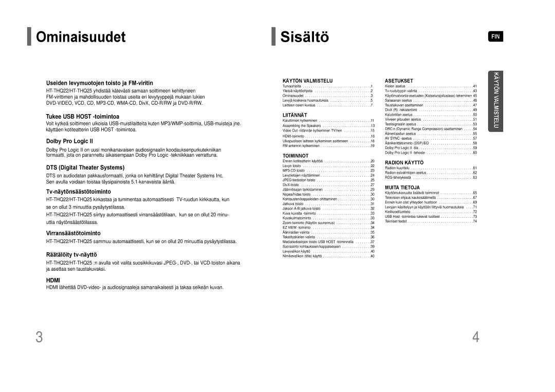 Samsung HT-THQ25R/ELS, HT-THQ22R/ELS manual Sisältö, Ominaisuudet 