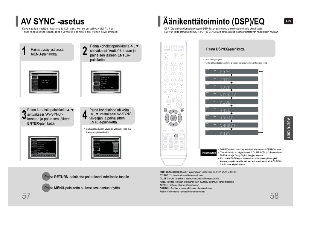 Samsung HT-THQ22R/ELS, HT-THQ25R/ELS manual AV Sync -asetus, Paina DSP/EQ-painiketta 