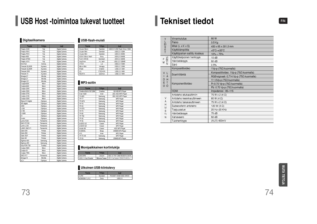 Samsung HT-THQ22R/ELS, HT-THQ25R/ELS manual Tekniset tiedot, Digitaalikamera 