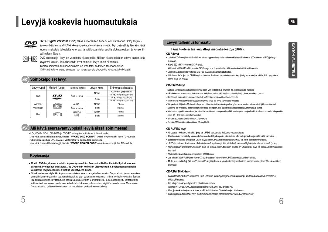 Samsung HT-THQ22R/ELS manual Levyjä koskevia huomautuksia, Kopiosuoja, Tämä tuote ei tue suojattuja mediatiedostoja DRM 