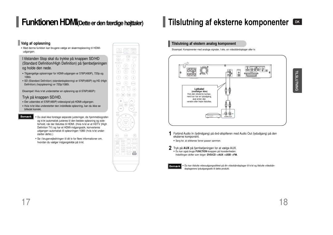 Samsung HT-THQ22R/ELS, HT-THQ25R/ELS manual Tilslutning af eksterne komponenter, Tilslutning af ekstern analog komponent 