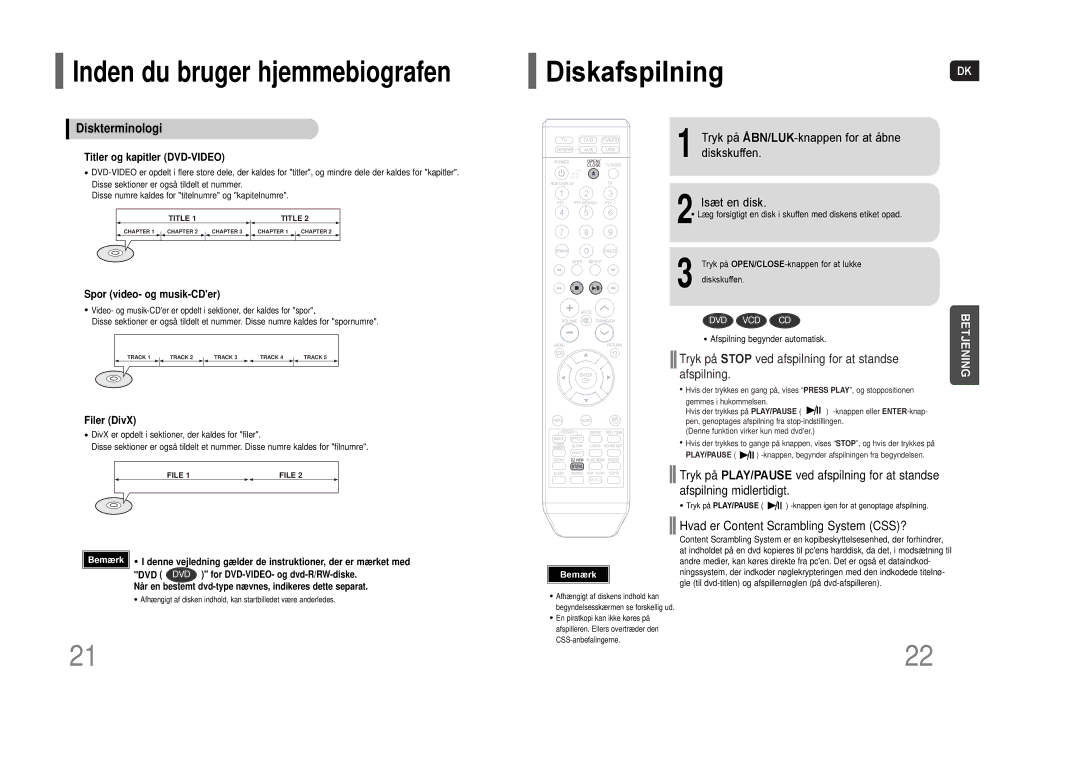 Samsung HT-THQ22R/ELS, HT-THQ25R/ELS manual Diskafspilning, Tryk på ÅBN/LUK-knappen for at åbne diskskuffen Isæt en disk 