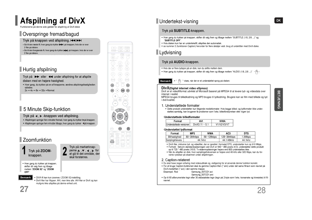 Samsung HT-THQ25R/ELS, HT-THQ22R/ELS manual Afspilning af DivX 