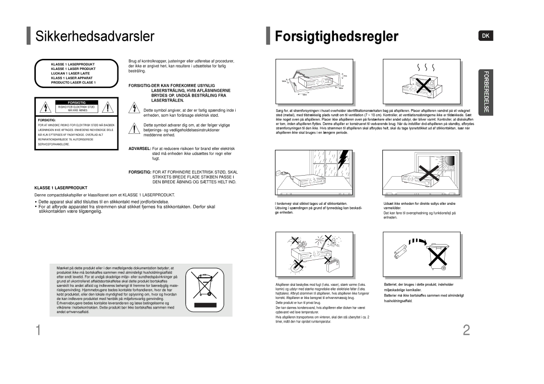 Samsung HT-THQ22R/ELS, HT-THQ25R/ELS manual ForsigtighedsreglerDK 