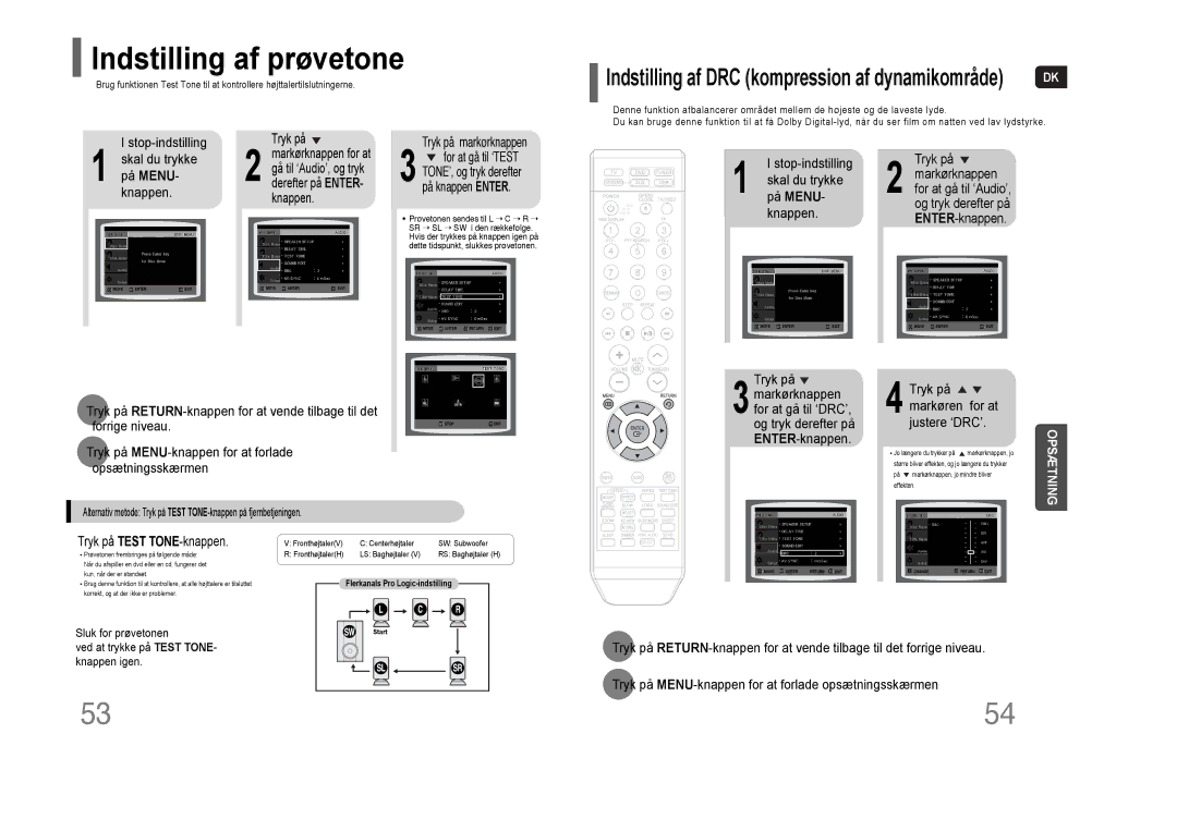 Samsung HT-THQ22R/ELS Indstilling af prøvetone, Stop-indstilling Skal du trykke på MENU- knappen, På Menu, Forrige niveau 