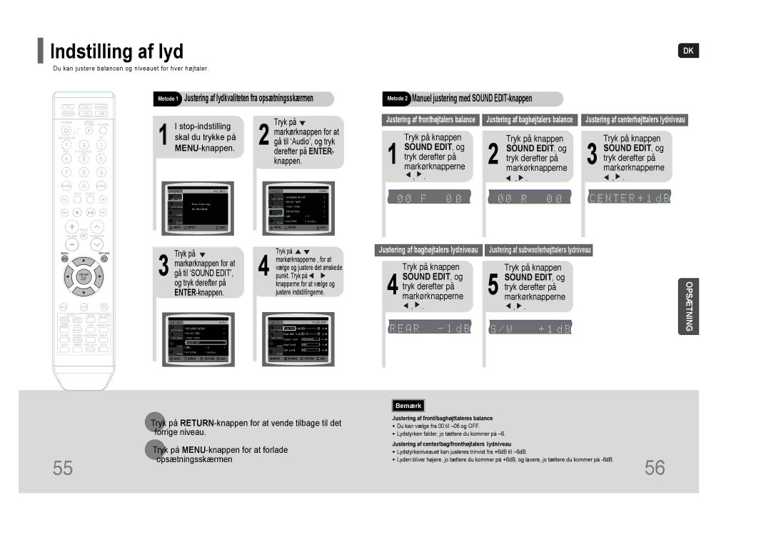 Samsung HT-THQ25R/ELS, HT-THQ22R/ELS manual Indstilling af lyd, Sound EDIT, og 