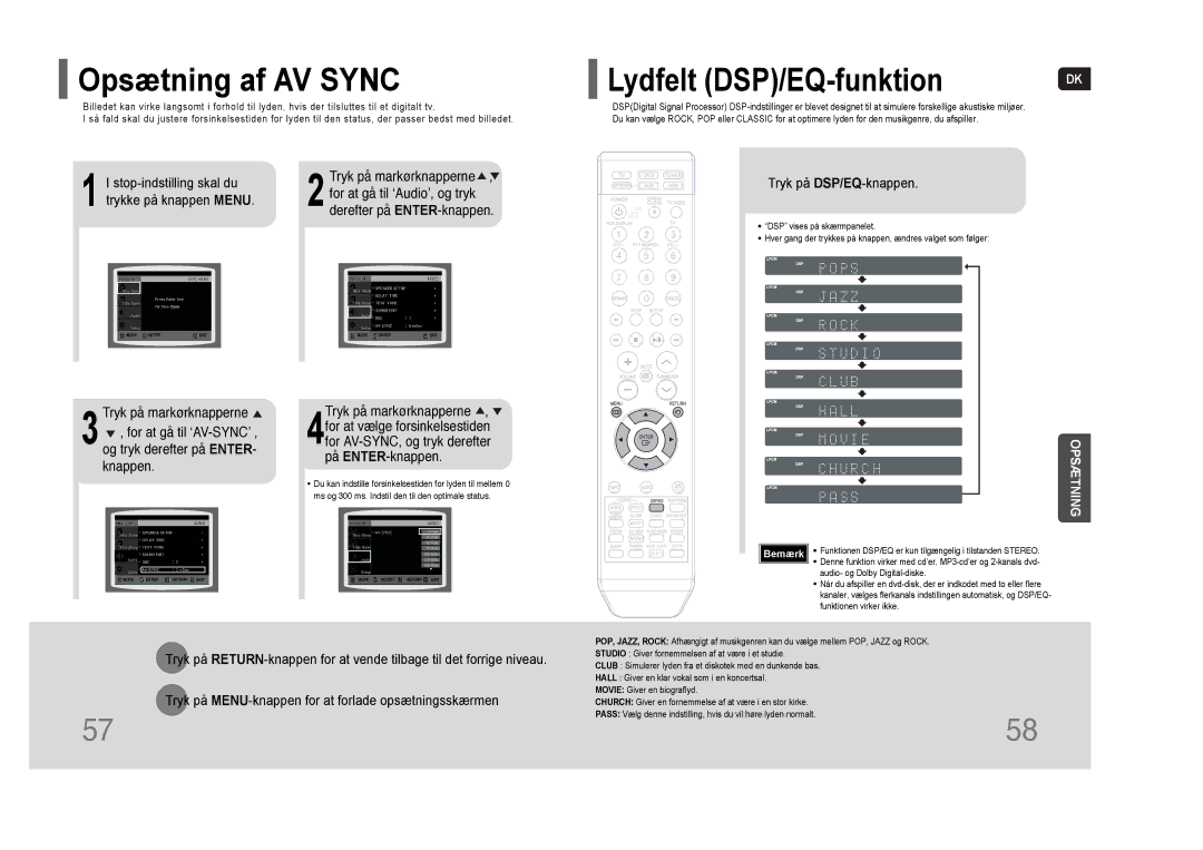 Samsung HT-THQ22R/ELS, HT-THQ25R/ELS manual Opsætning af AV Sync, Lydfelt DSP/EQ-funktion, Tryk på DSP/EQ-knappen 