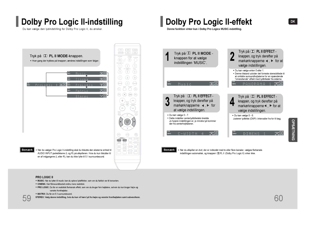 Samsung HT-THQ25R/ELS, HT-THQ22R/ELS Dolby Pro Logic II-indstilling, Dolby Pro Logic II-effekt, Tryk på PL II MODE-knappen 